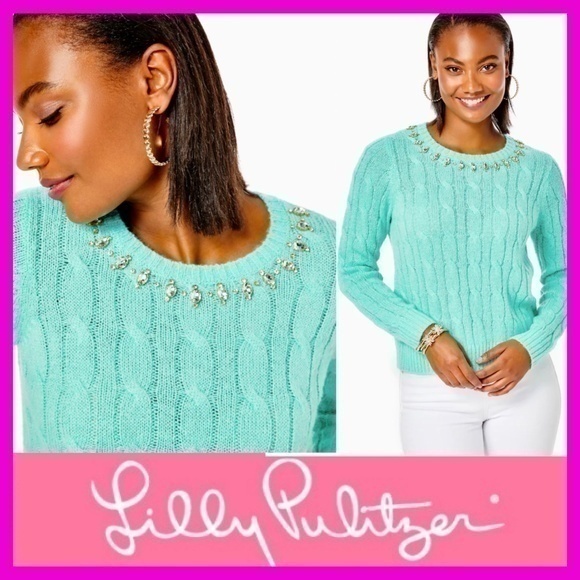 Nwt Lilly Pulitzer Sweater Pullover Size Large Cable Turquoise Decorated Embelli